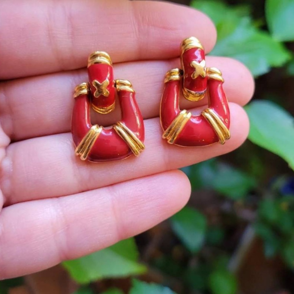 Vintage (Signed) Avon Red Enamel Door Knocker Post Earrings